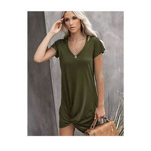 Berryou Women's Size 2XL Army Green Short Sleeve V-Neck & Front Knot Dress‎
